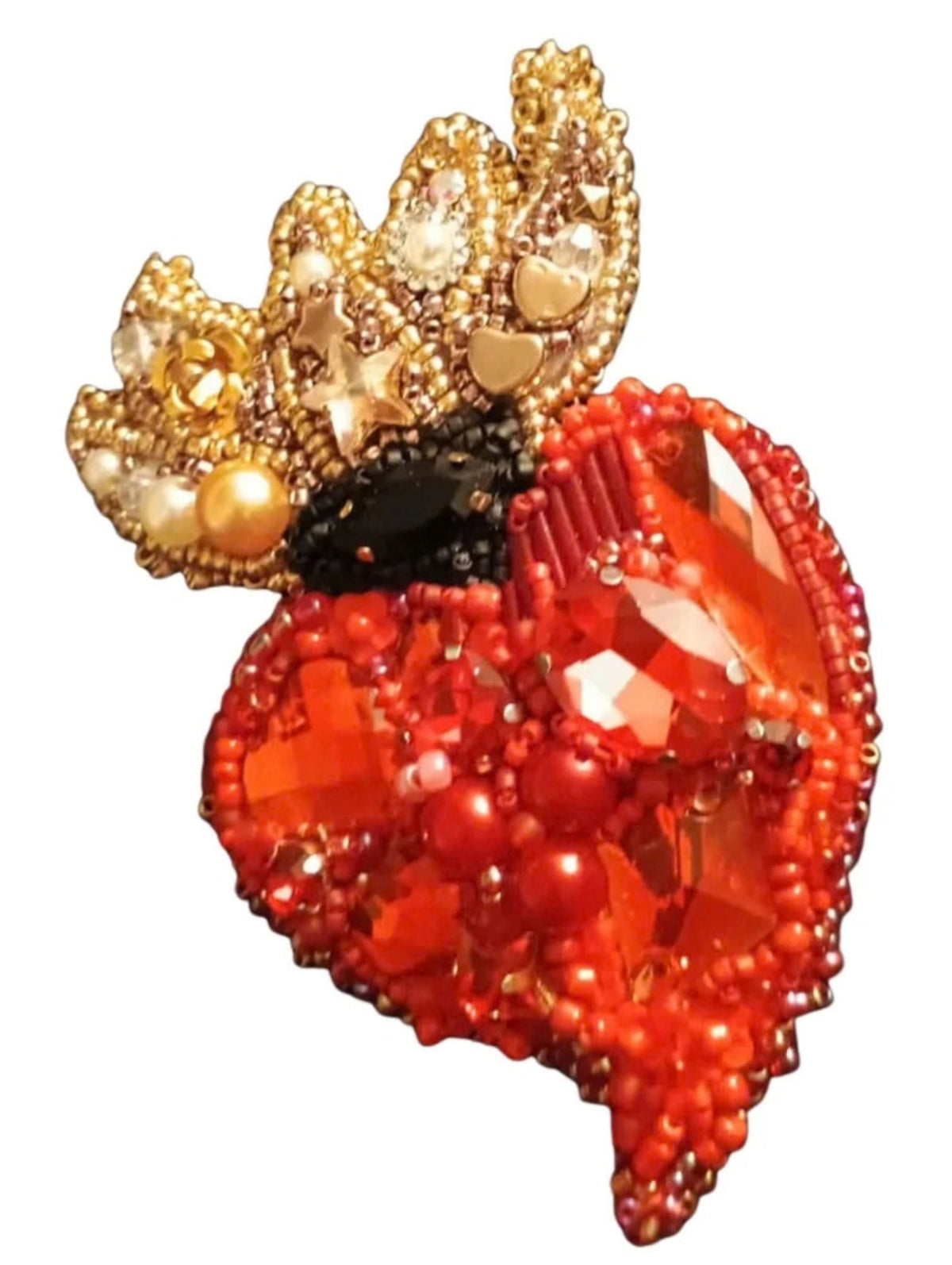 Broche perlée COEUR ISAURE rouge/noir/or