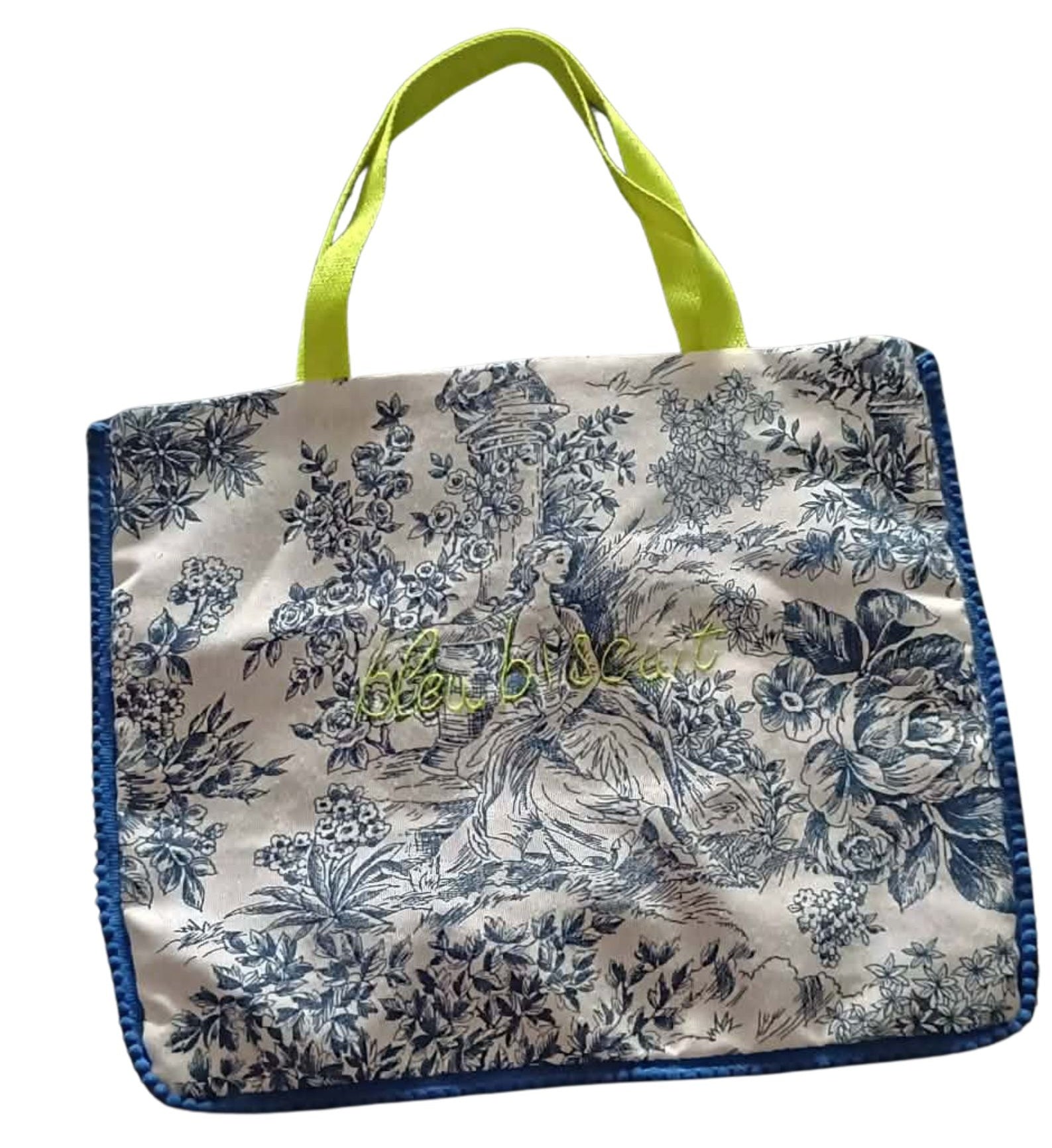 Sac FROUFROU Toile de Jouy Bleue/anses jaune fluo