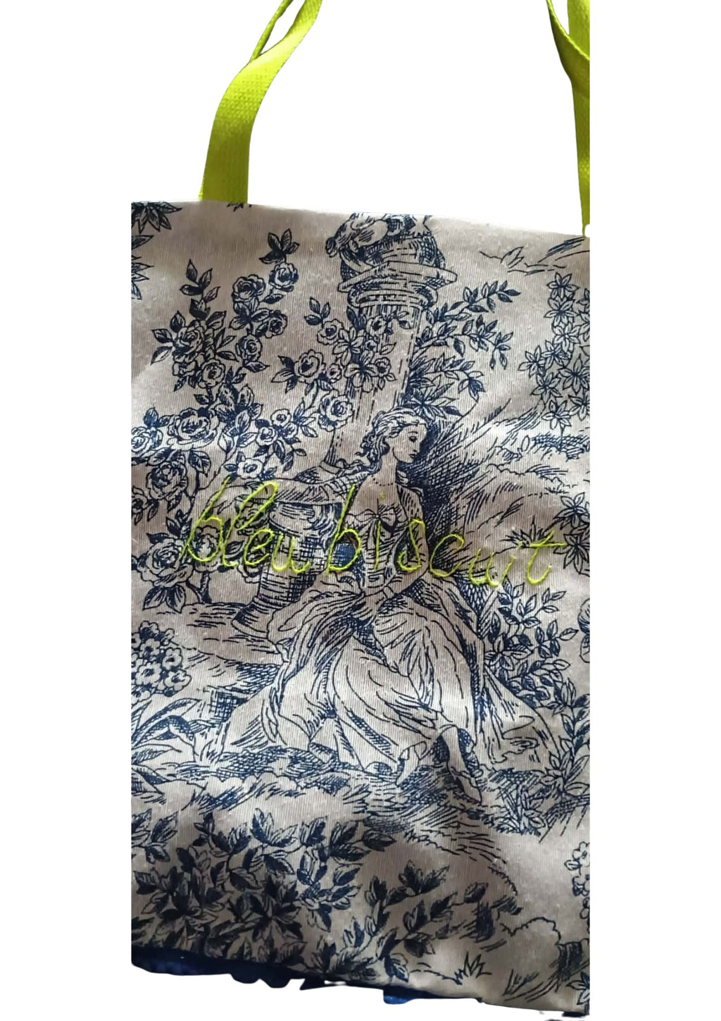 Sac FROUFROU Toile de Jouy Bleue/anses jaune fluo