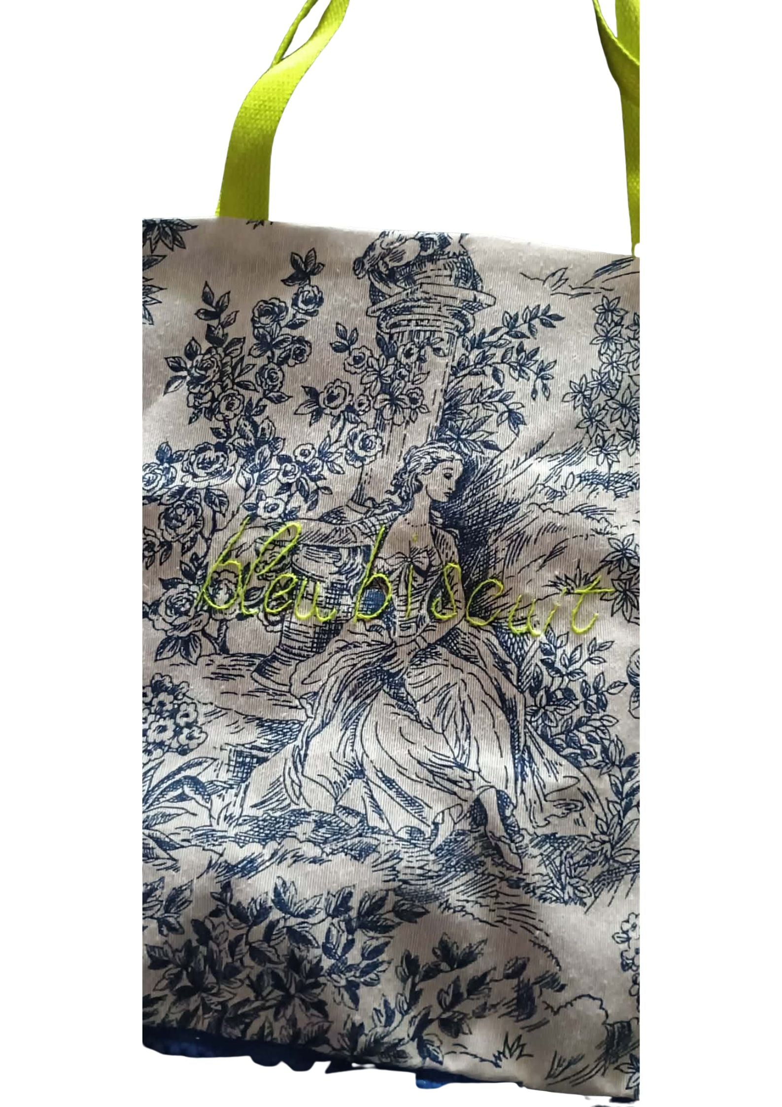 Sac FROUFROU Toile de Jouy Bleue/anses jaune fluo